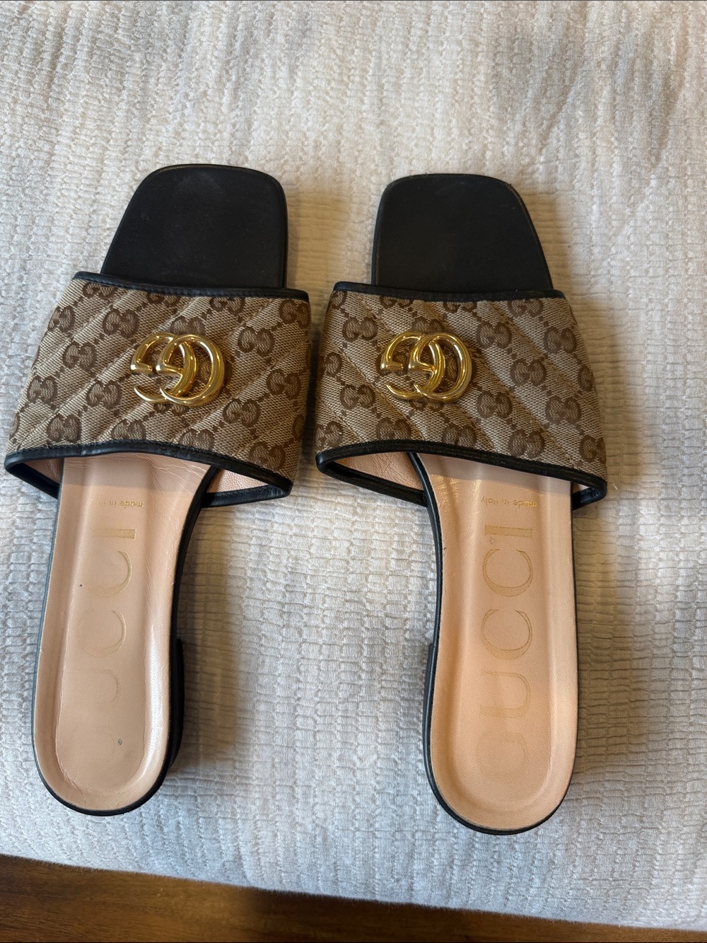 Gucci Brown GG Monogram Slide Sandals with Gold Double G